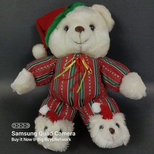 CUDDLE WIT 15" White Christmas Teddy Bear Plush in Mini-Bear Slippers & XMAS Hat